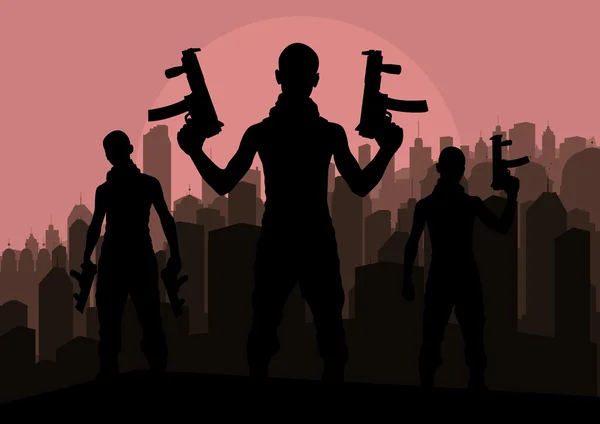 Bandieten en criminelen silhouetten in wolkenkrabber stad landschap achtergrond ik — Stockvector