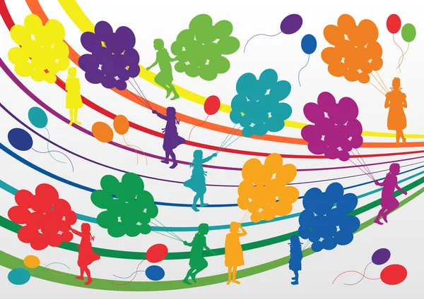 Renkli atlama çocuk siluetleri çizimde koleksiyon arka plan ve — Stok Vektör