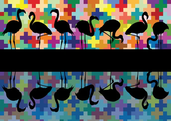 Colorful mosaic and flamingo birds silhouettes reflection illustration back — Stock Vector