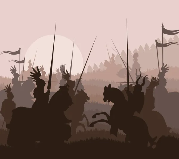 Cavalieri medievali in battaglia sfondo vettoriale, cavaliere leader — Vettoriale Stock