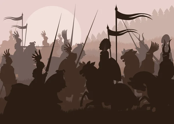 Chevaliers médiévaux en arrière-plan vectoriel de bataille, cavalier leader — Image vectorielle