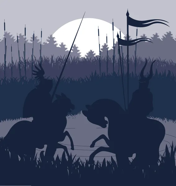 Medieval knights in battle vector background, rider leader — Stock Vector