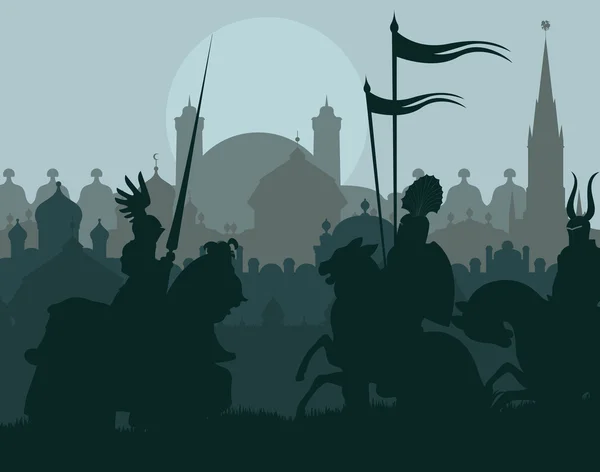 Ortaçağ Şövalyeleri savaşta vektör arka plan, binici lideri — Stok Vektör