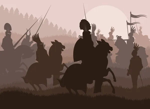 Middeleeuwse ridders in slag bij vector achtergrond, rider leider — Stockvector