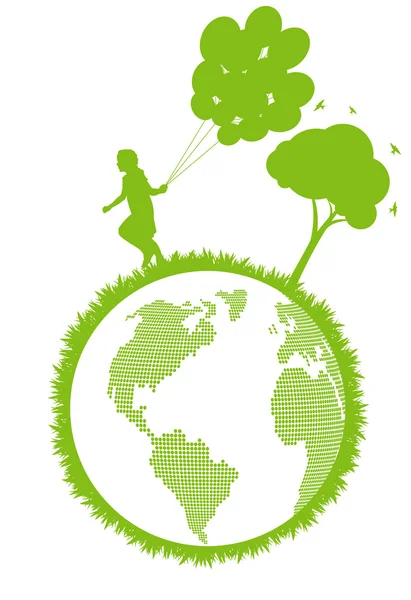 Grüne Öko-Anlage mit glücklichem Kind und Baum-Öko-Konzept — Stockvektor