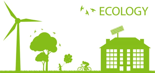 Grön eco staden ekologi vektor bakgrund koncept med vindkraftverk — Stock vektor