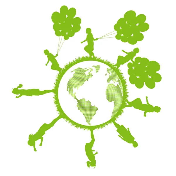 Planta ecológica verde con concepto ecológico de niño feliz y árbol — Vector de stock