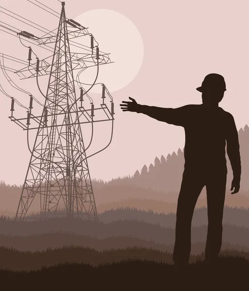 Power high voltage tower with engineer in front of it — Stock Vector