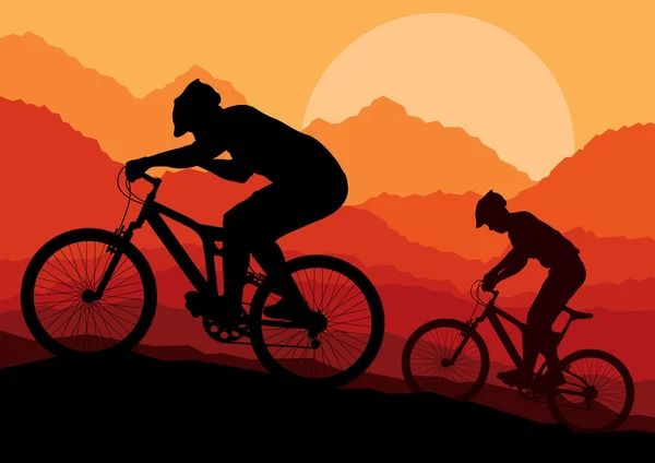 Montanha bicicleta ciclistas em natureza selvagem paisagem fundo ilustrati — Vetor de Stock