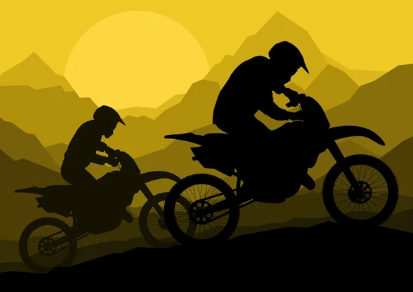 Motorbike riders motorcycle silhouettes in wild mountain landscape backgrou — Stock Vector