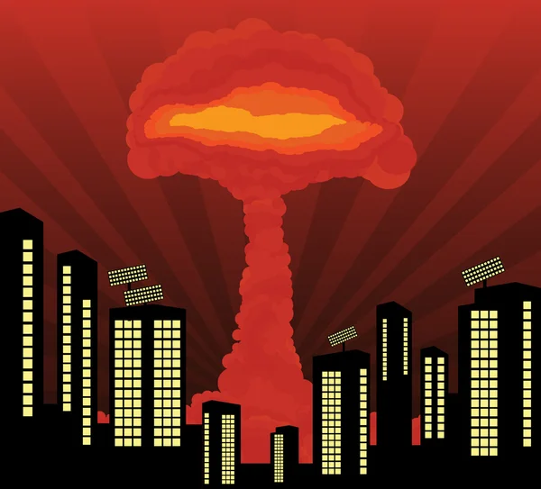 Atom-explosion moln bildas svamp i staden centrerar vektor bakgrund — Stock vektor