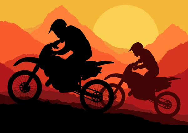Motorbike riders motorcycle silhouettes in wild mountain landscape backgrou — Stock Vector