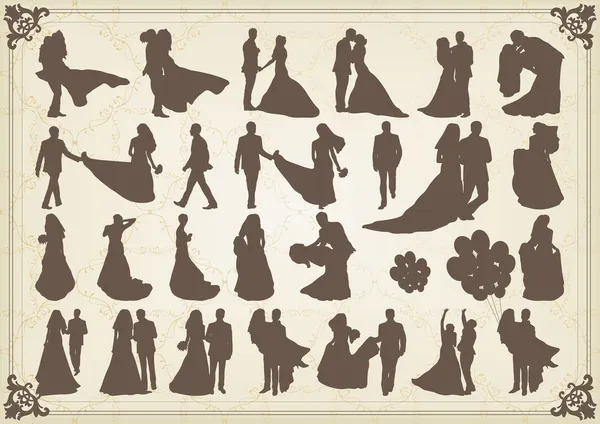 Ženich a nevěsta ve svatební siluety ilustrace kolekce pozadí v — Stockový vektor