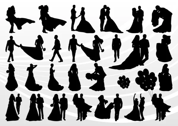 Наречений і наречений у весільних силуетах колекція ілюстрацій фон v — стоковий вектор