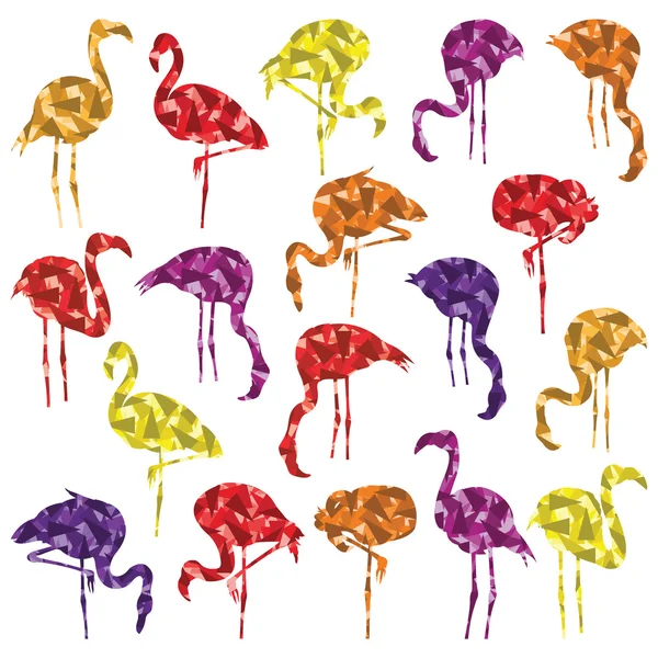 Colorido mosaico Flamingo aves siluetas ilustración colección backgroun — Vector de stock