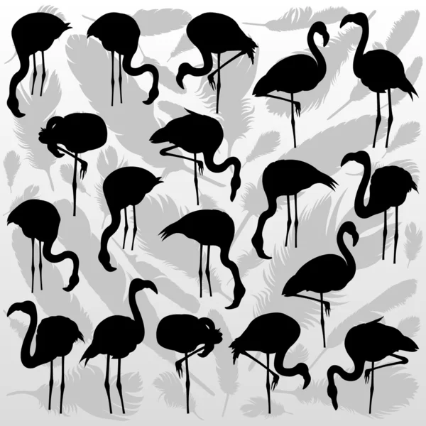 Colorful mosaic flamingo bird silhouettes illustration collection backgroun — Stock Vector