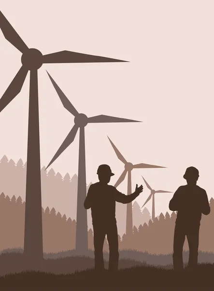 风力发电机组和工程师在他们面前矢量背景 — 图库矢量图片