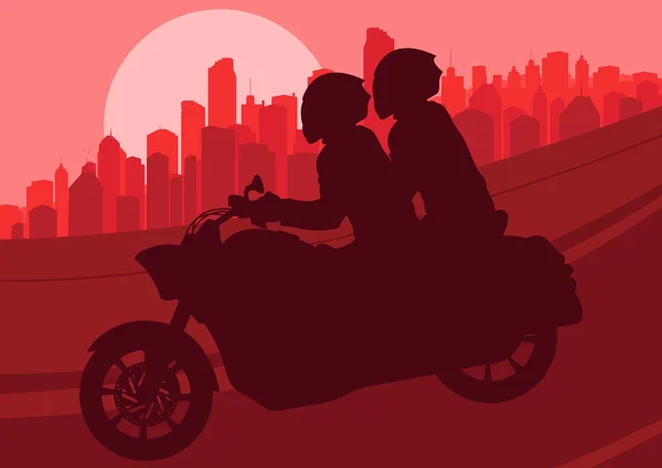 Motorka jezdec motocyklu silueta v mrakodrapu městské krajiny poz — Stockový vektor