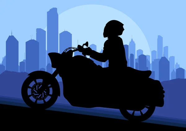 Силуэт мотоцикла мотоциклиста в небоскребе городской пейзаж backgrou — стоковый вектор