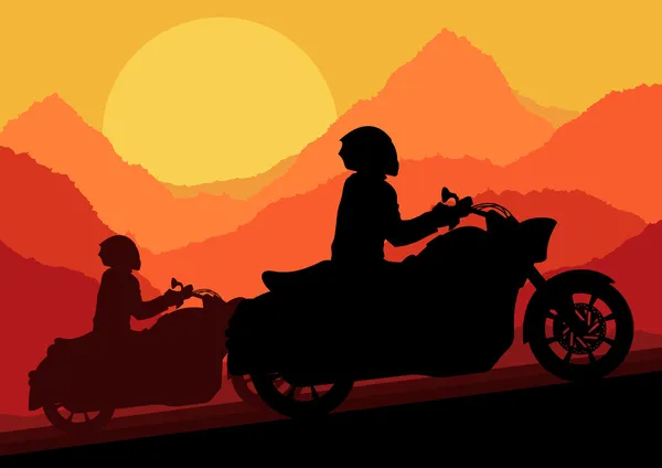 Motocycliste silhouette de moto dans gratte-ciel paysage urbain backgrou — Image vectorielle