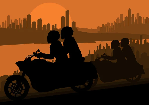 Moto jinete motocicleta silueta en rascacielos ciudad paisaje backgrou — Vector de stock