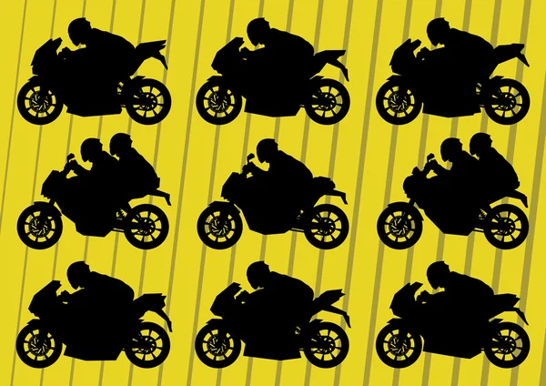 Motociclistas y motocicletas siluetas colección ilustración backgr — Vector de stock