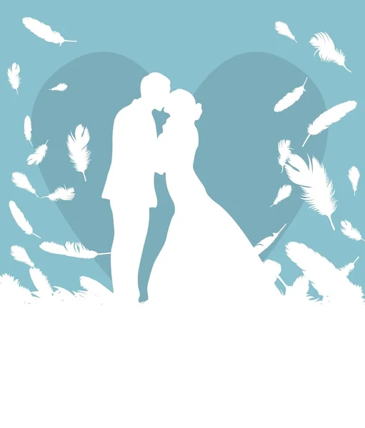 Cartão de casamento com homem e mulheres no céu feito de penas caindo vetor b — Vetor de Stock