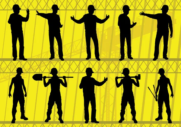 Engineers and builders silhouettes collection in construction site backgrou — Stock Vector