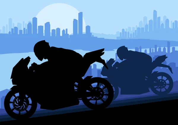 Sportovní motorka jezdci motocykl siluety v krajině city mrakodrap — Stockový vektor