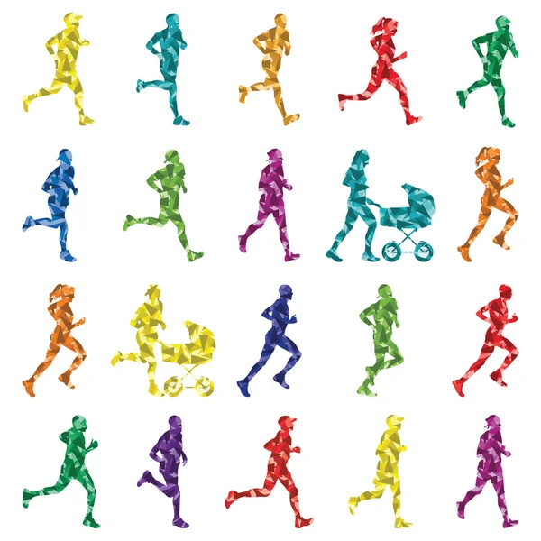 Maraton koşucular siluetleri çizimde koleksiyon arka plan vect — Stok Vektör