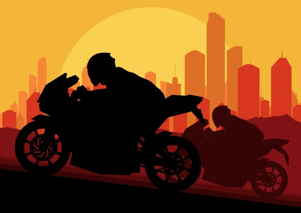 Sport motocyclistes silhouettes de moto dans le paysage urbain gratte-ciel — Image vectorielle