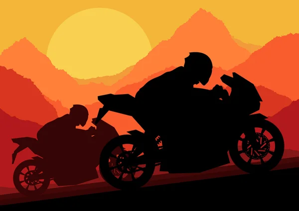 Deporte motociclistas motociclistas siluetas en el paisaje salvaje de montaña ba — Archivo Imágenes Vectoriales