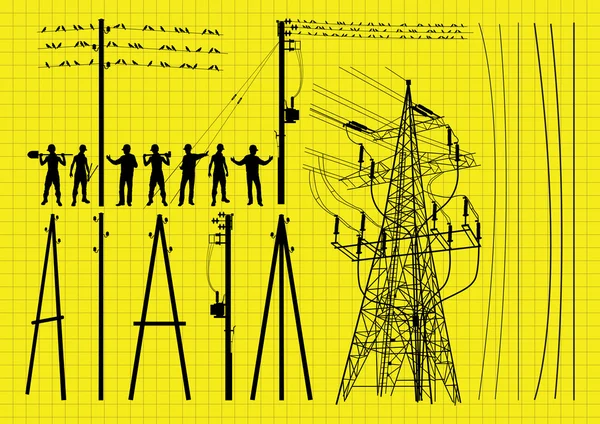 Електричні стовпи та конструкції інженери-будівельники силуети ілюстрація — стоковий вектор