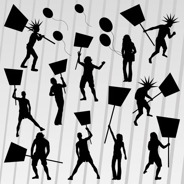 Manifestants foule silhouettes collection fond illustration vecteur — Image vectorielle