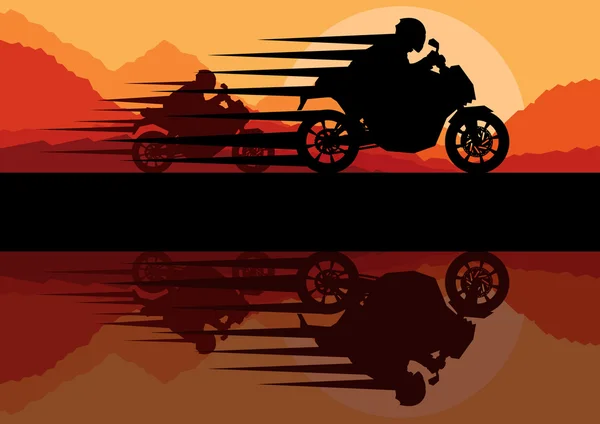 Sport motorbike riders motorcycle silhouettes reflection in wild mountain l — Stock Vector
