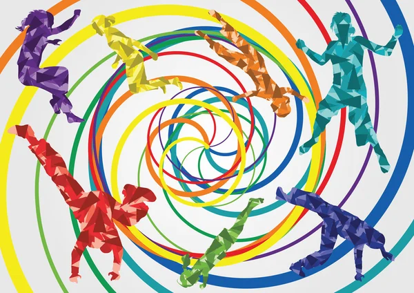 Renkli atlama çocuk siluetleri çizimde koleksiyon arka plan ve — Stok Vektör