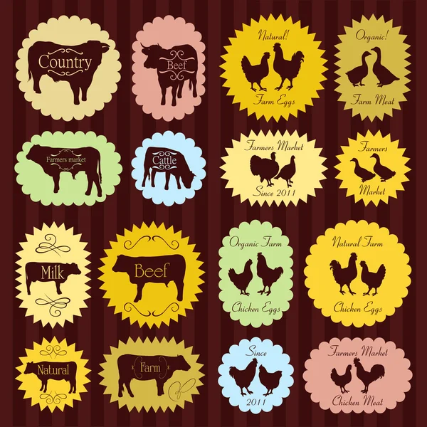 Farm animals market egg and meat labels food illustration collection backgr Royalty Free Stock Vectors