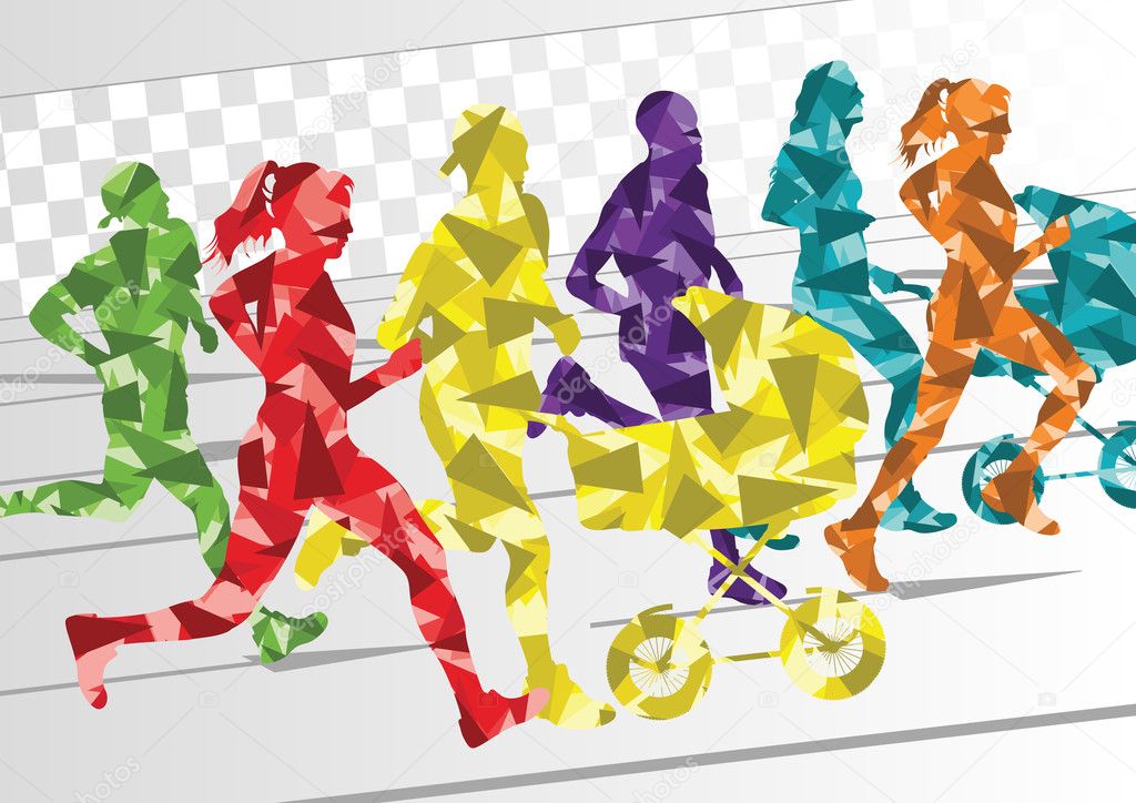 Marathon runners in colorful rainbow landscape background illustration