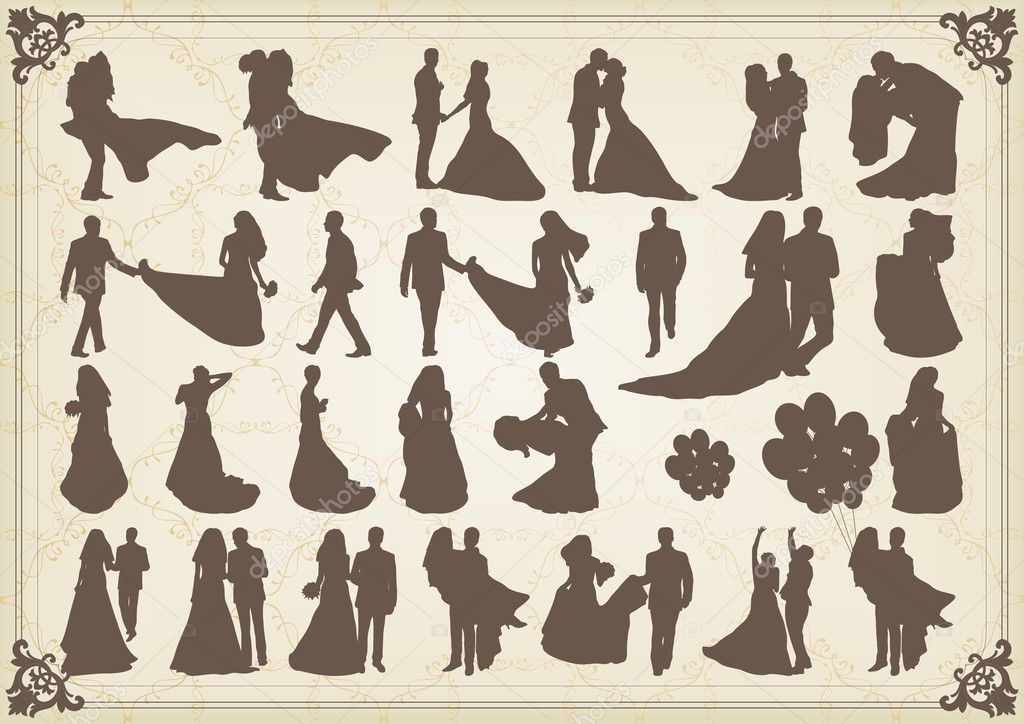 Bride and groom in wedding silhouettes illustration collection background v