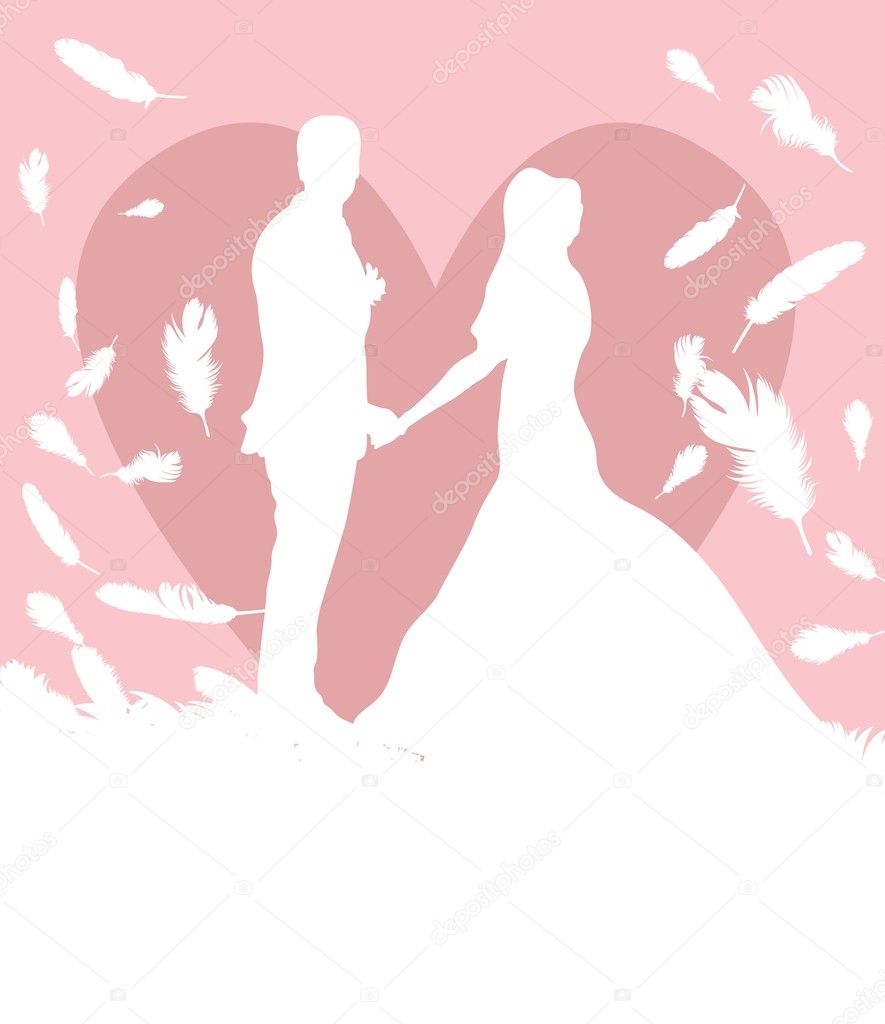 Wedding card with man and women in heaven made of falling feathers vector b