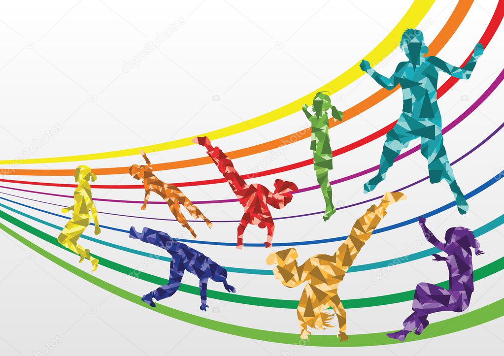 Colorful jumping children silhouettes illustration collection background ve