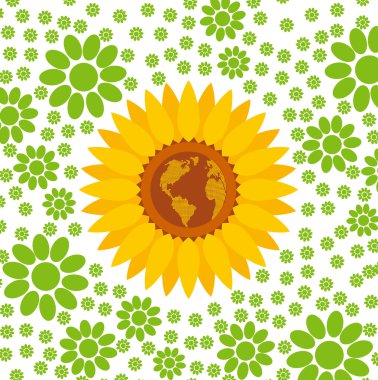 Sunflower vector concept adn world map into center background clipart