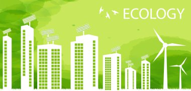 Ecology city and elements background vector concept- solar and wind alternative energy clipart