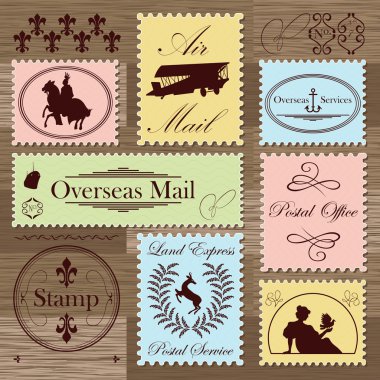 Vintage postage stamps and elements illustration collection background vector clipart