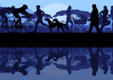 yürüyüş, çalışan ve eski vintage Şehir Parkı manzara arka plan illüstrasyon vektör içinde Bisiklete binme