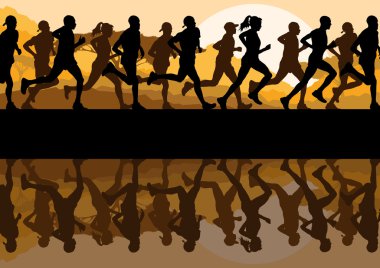 Marathon runners in wild nature mountain landscape background illustration vector clipart