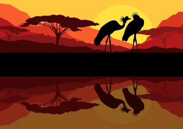 クレーンの野生の山自然風景の背景イラストのカップル — ストックベクタ