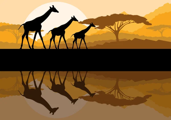 Silhuetas da família Girafa na África natureza selvagem paisagem montanhosa fundo ilustração vetor — Vetor de Stock