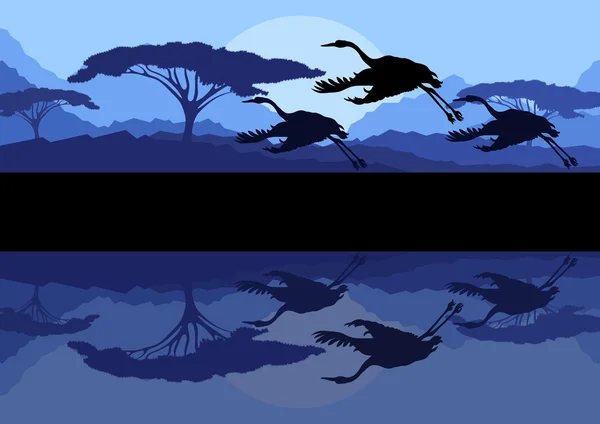 Crane couple in wild mountain nature landscape background illustration vector — Stock Vector