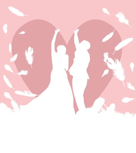 Hochzeitskarte mit Mann und Frau im Himmel aus fallenden Federn Vektor Hintergrund — Stockvektor